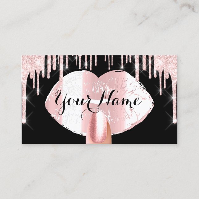 Nails Makeup Artist Rose Drips Black Pink Kiss Business Card (Front)
