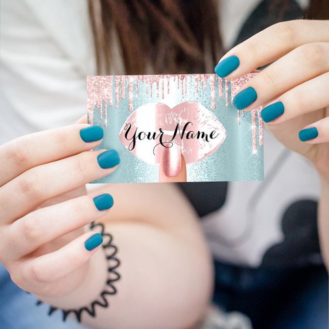 Nails Makeup Artist Rose Drips Rose Pink Blue Business Card (Creator Uploaded)