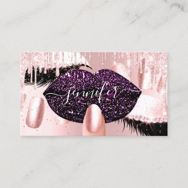 Nails Makeup Artist Rose Purple Kiss Lips Rose Business Card (Front)
