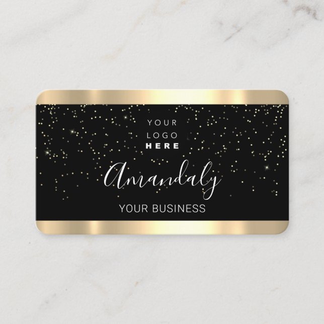 Nails Makeup Stylist Gold Confetti Black Logo Business Card (Front)