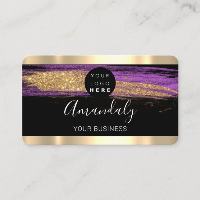 Nails Makeup Stylist Gold Purple Strokes Logo Business Card (Front)