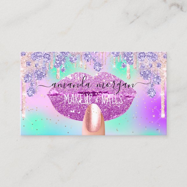 Nails Manicure Makeup Holograph Lips Glitter Blue Business Card (Front)