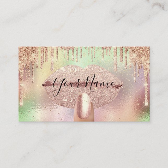 Nails Manicure Makeup Holographic Lips Rose Gold Business Card (Front)