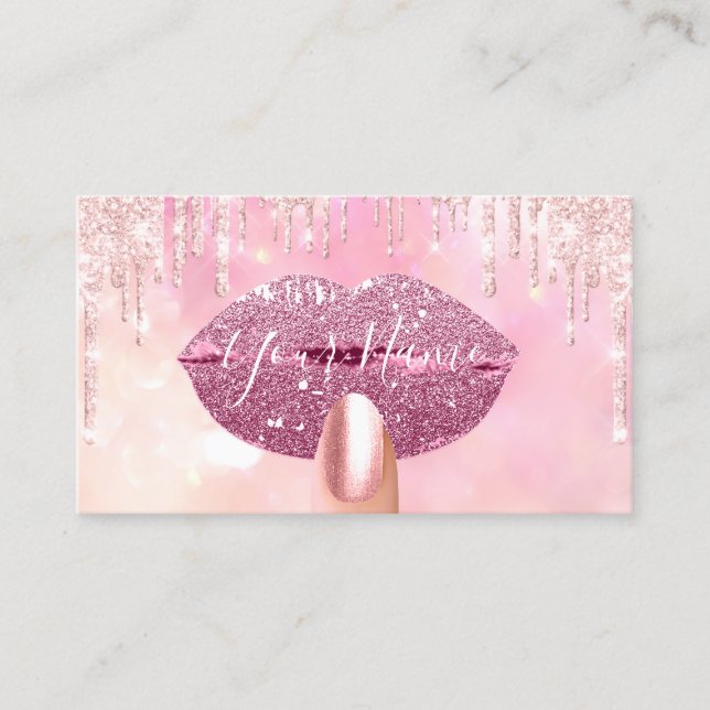 Nails Manicure Makeup Pink  Drips Kiss Lips Business Card (Front)