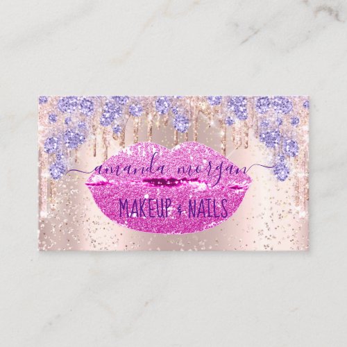 Nails Manicure Makeup Pink Rose Drips Glitter Lips Business Card