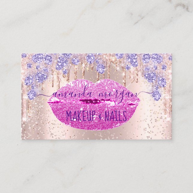 Nails Manicure Makeup Pink Rose Drips Glitter Lips Business Card (Front)