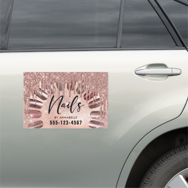 Nails Modern Rose Gold Glitter Drips Business  Car Magnet (In Situ)