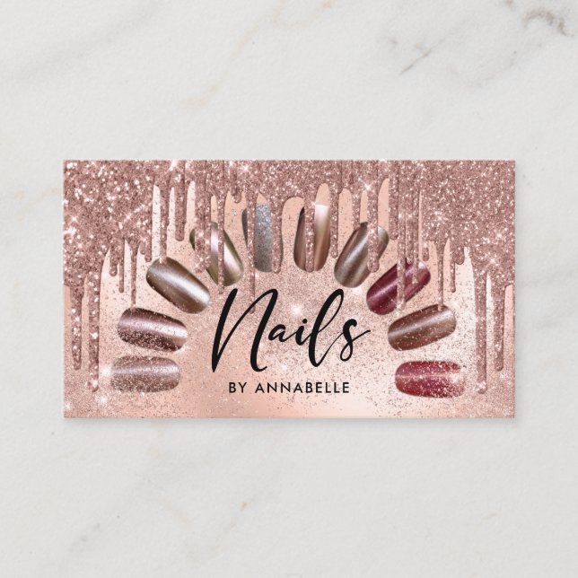 Nails Modern Rose Gold Glitter Drips Business Card (Front)