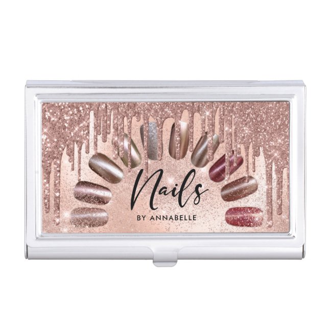 Nails Modern Rose Gold Glitter Drips  Business Card Case (Front)