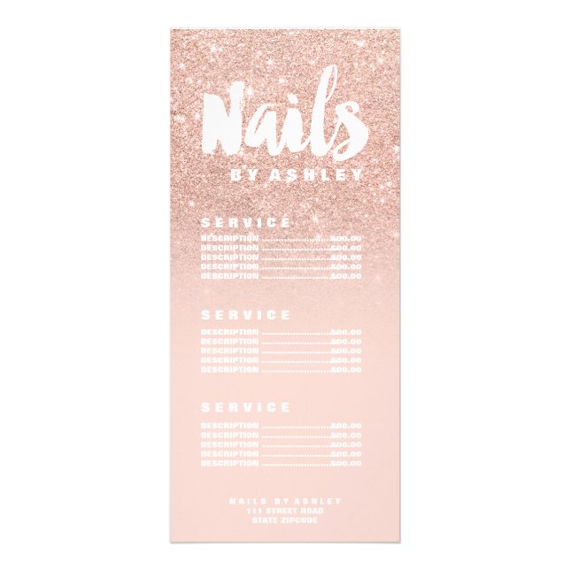 Nails modern typography blush rose gold price list rack card (Front)