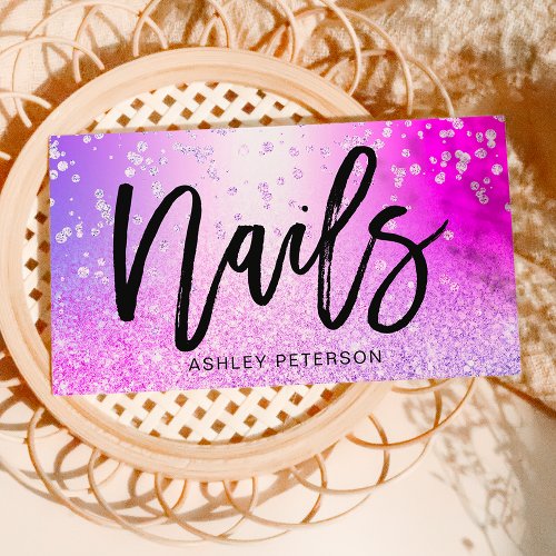 Nails pink chic glitter metallic sparkle confetti business card