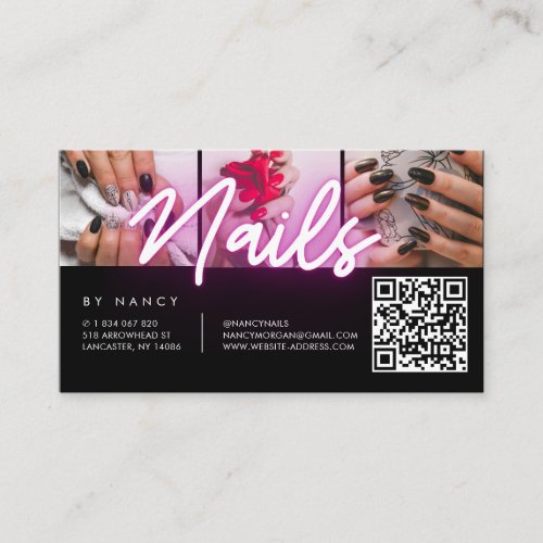 ​ Nails Pink Neon Typography Photo Collage QR Code Business Card