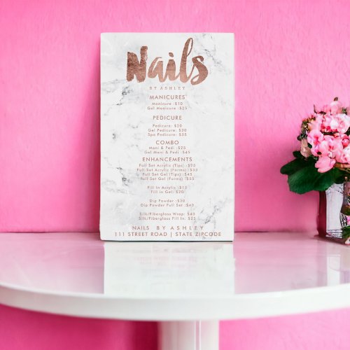 Nails price list typography pink white marble poster