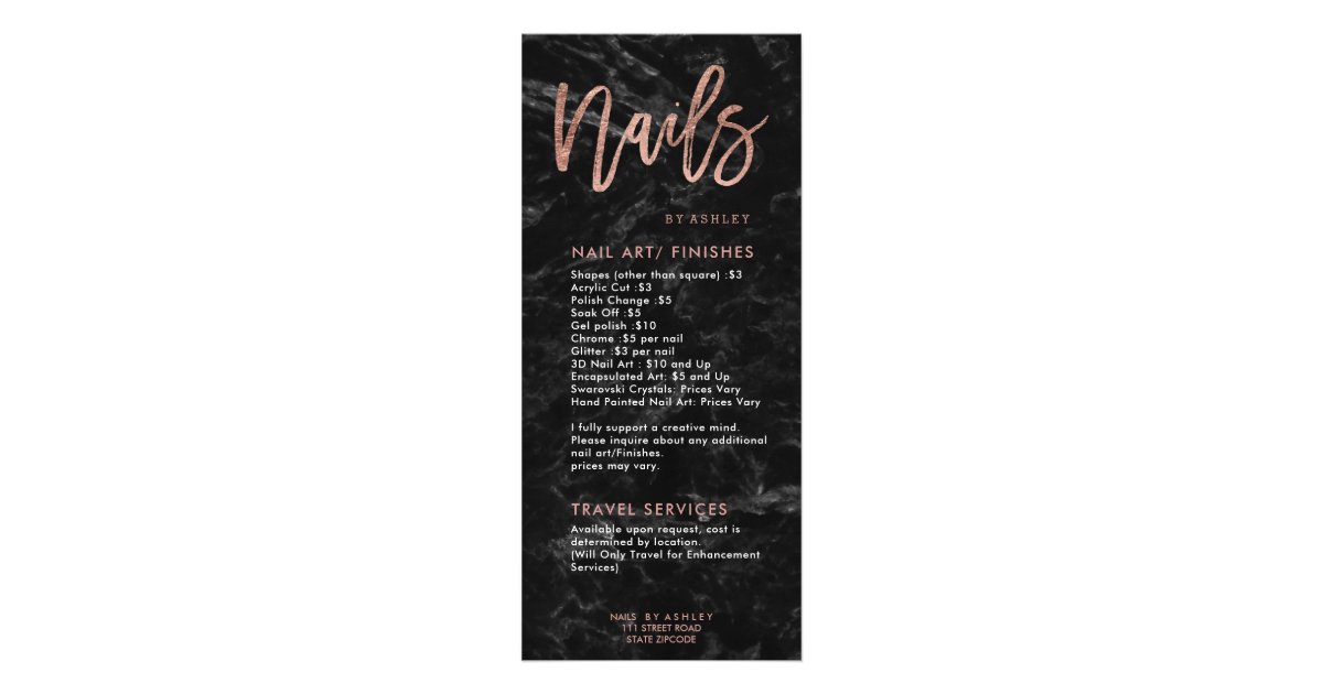 Nails Rose Gold Script Black Marble Price List 2 Rack Card Zazzle Com