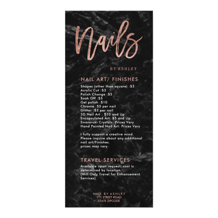 Nails Rose Gold Script Black Marble Price List 2 Rack Card Zazzle Com