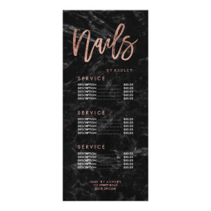 Nails rose gold script black marble price list rack card