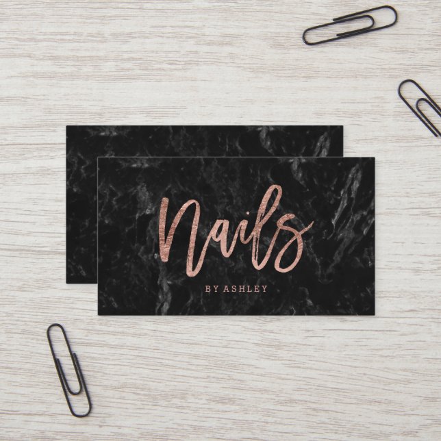 Nails rose gold typography black marble business card (Front/Back In Situ)