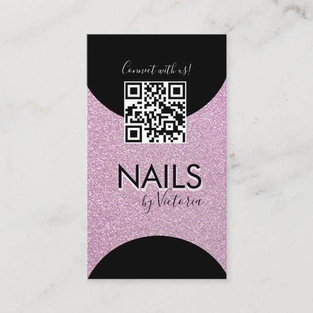 Nails Salon Beauty Artist QR Code Faux Glitter Business Card (Front)