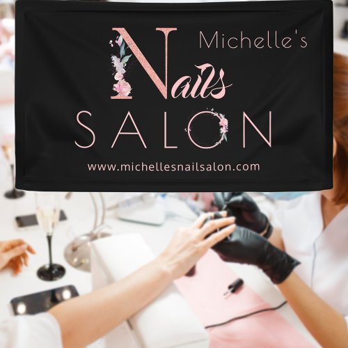 Nails salon custom name floral glitter pink black banner