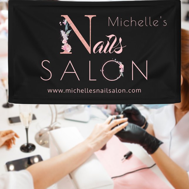 Nails salon custom name floral glitter pink black banner (Creator Uploaded)