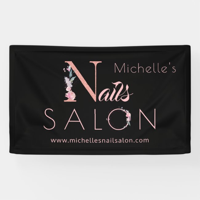 Nails salon custom name floral glitter pink black banner