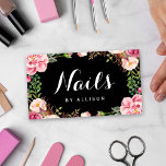 Nails Salon Nail Technician Romantic Floral Wrap Business Card<br><div class="desc">This "Nails Salon Romantic Floral Wrap Business Card" is a great choice for professionals in the nail or salon industry looking to add a touch of romance and femininity to their branding. With its stunning floral design surrounding the card, this business card exudes sophistication and style. The handwritten nail script...</div>