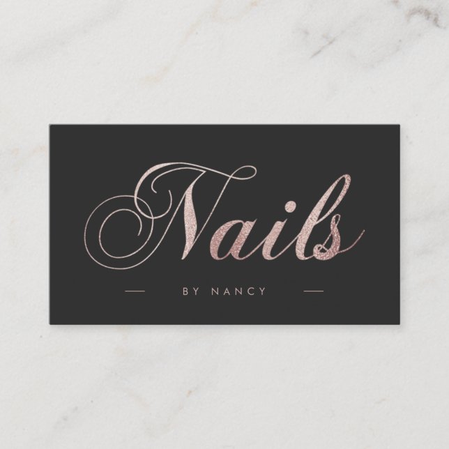 Nails Script Calligraphy Rose Gold Glitter Business Card (Front)