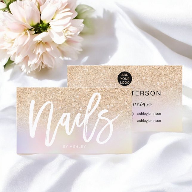 Nails script gold glitter chic holographic business card (Nails script gold glitter chic holographic business card)
