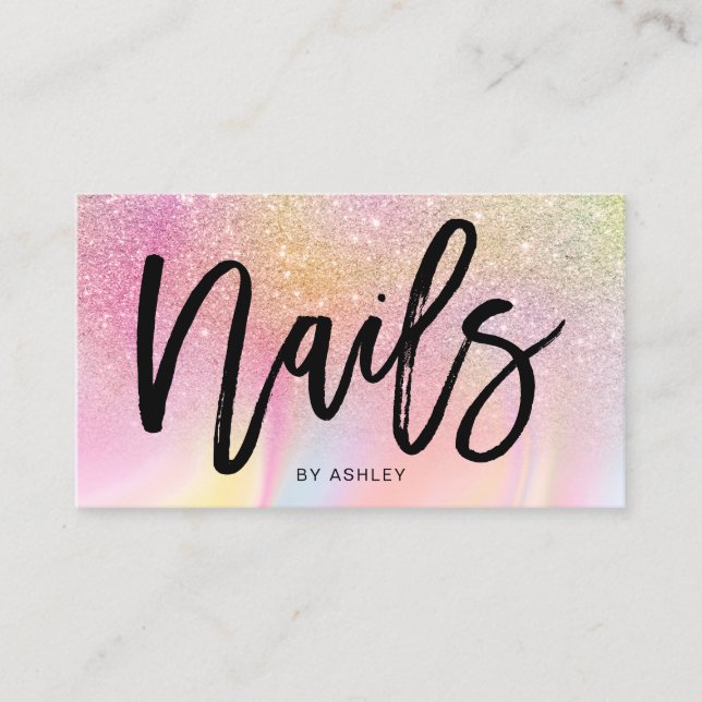 Nails script pink rainbow glitter chic marble business card (Front)