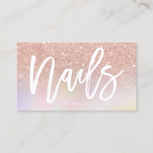 Nails script rose gold glitter chic holographic business card
