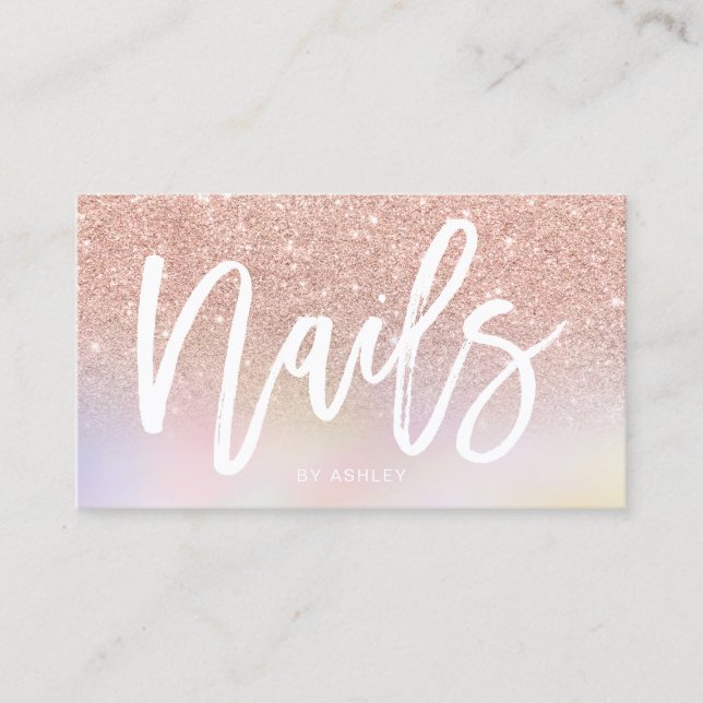 Nails script rose gold glitter chic holographic business card (Front)