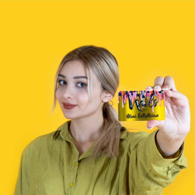 Nails Studio Artist Nails Script Logo Mustard Drip Business Card (Merry Christmas Blue Gold Santa Reindeer Sleight Classic Round Sticker)