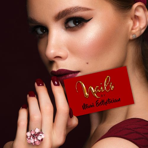 Nails Studio Artist Red Nails Script Red Gold Logo Business Card