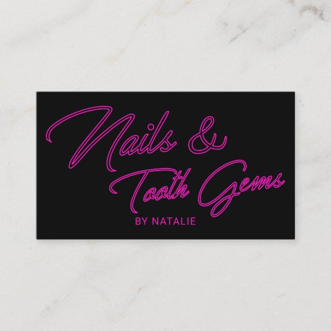 Nails & Tooth Gems Neon Pink Typography Salon Business Card (Front)
