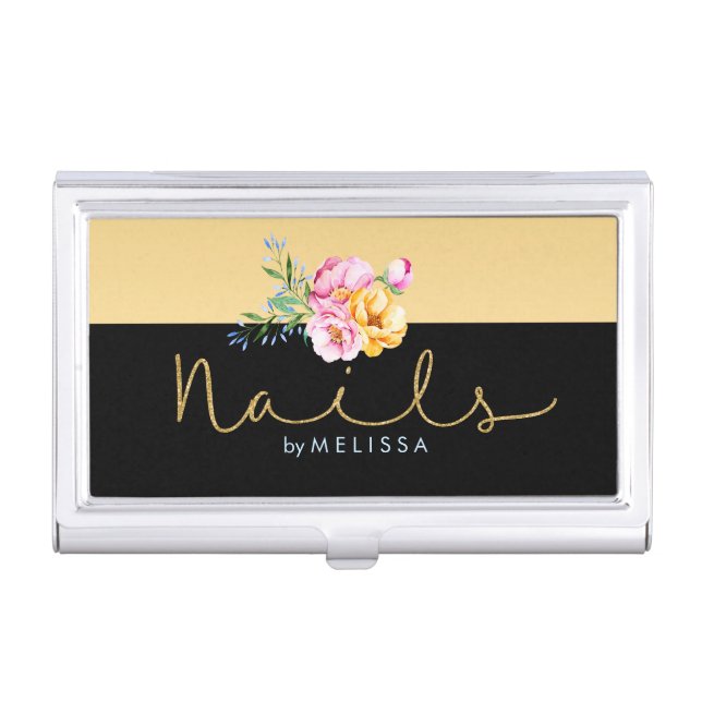 Nails Typography Gold Glitter Floral Bouquet Business Card Holder (Front)