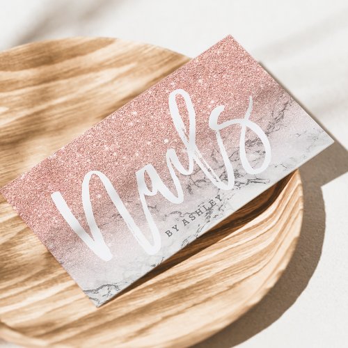 Nails typography rose gold glitter marble business card