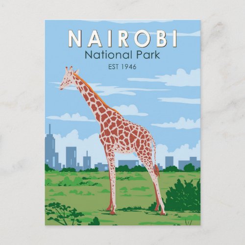 Nairobi National Park Giraffe Travel Art Vintage Postcard