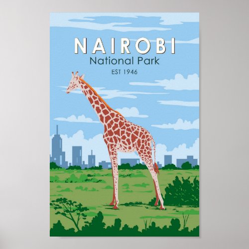 Nairobi National Park Giraffe Travel Art Vintage Poster