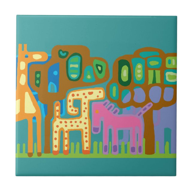Naive art African animals Ceramic Tile (Front)