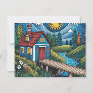 NAIVE Art postcard woodland scene and cabin.