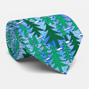 Naive Art Winter Spruce Forest Green Blue Neck Tie