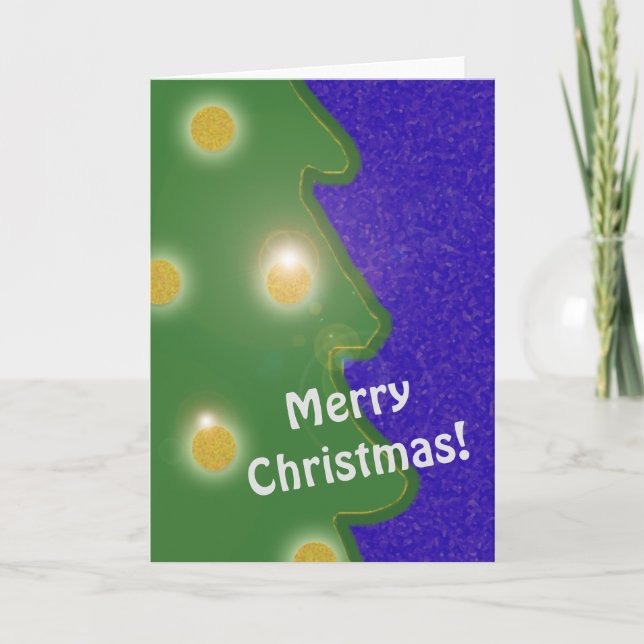 Naive Christmas Tree Golden Lights Text Blue Holiday Card (Front)