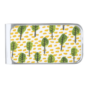 Naive Green Black Tree Pattern Silver Finish Money Clip