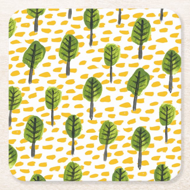 Naive Green Black Tree Pattern Square Paper Coaster (Front)