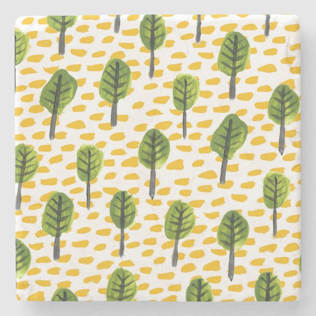 Naive Green Black Tree Pattern Stone Coaster (Front)