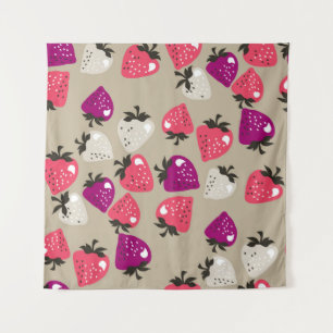 Naive Strawberries: Beige Background Seamless. Tapestry
