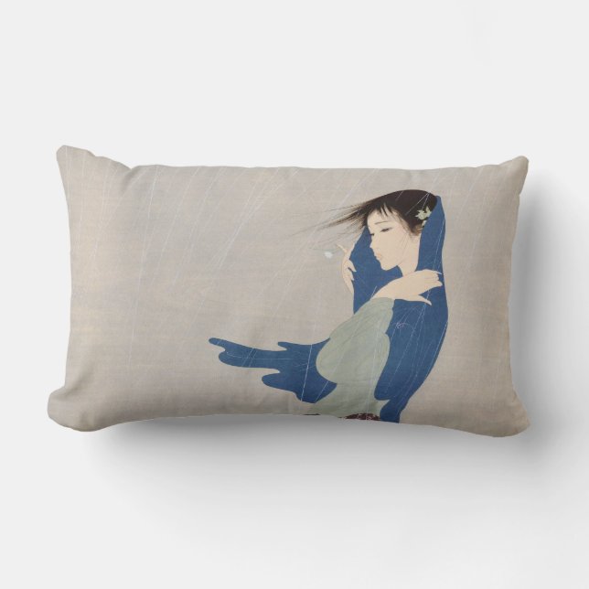 Nakajima Kiyoshi Fine Rain japanese woman art Lumbar Pillow (Front)