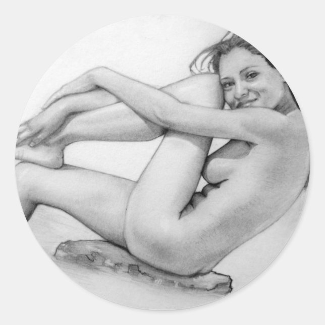 Naked woman bathes classic round sticker (Front)
