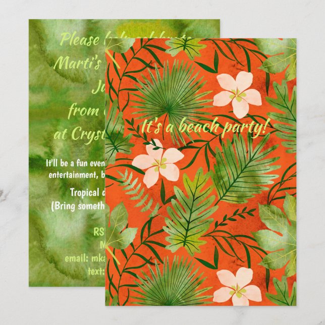 Nalani Hawaiian Tropical Garden Coral Lime Invitation (Front/Back)