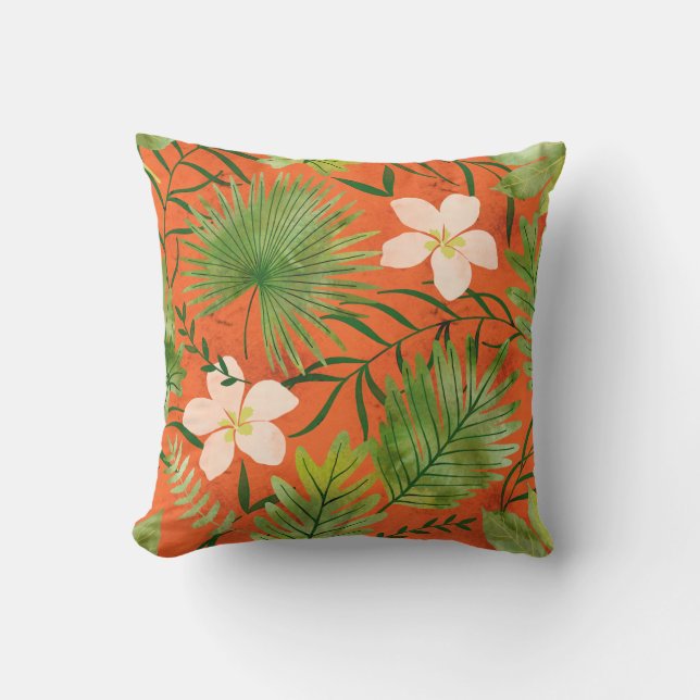 Nalani Hawaiian Tropical Garden Coral Outdoor Pillow (Front)